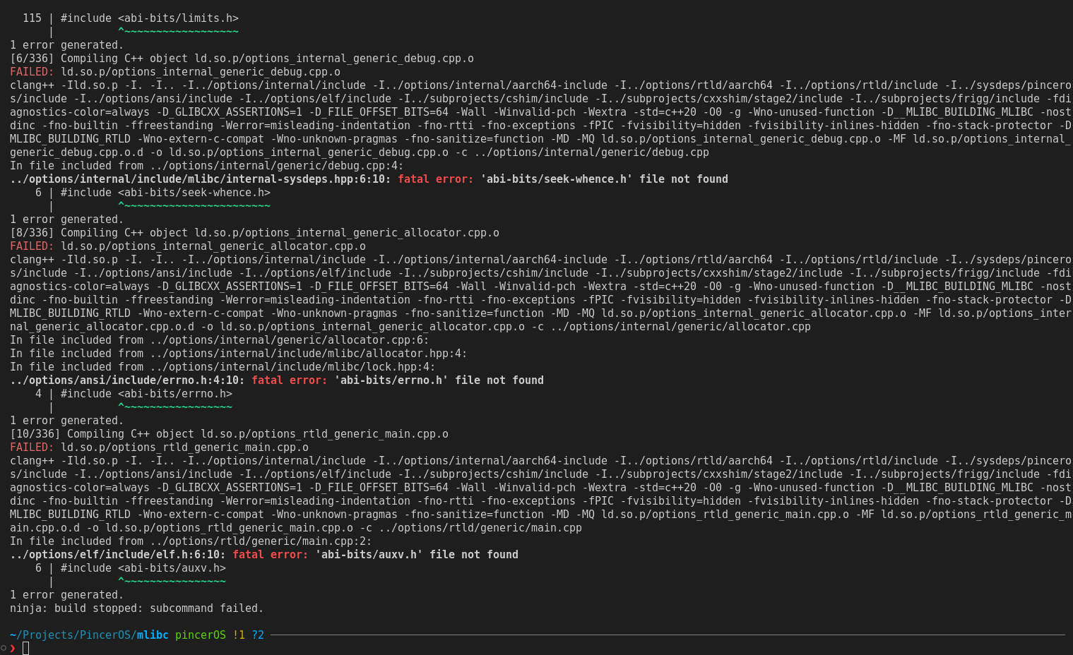 Errors such as the following: ../options/internal/include/mlibc/internal-sysdeps.hpp:6:10: fatal error: 'abi-bits/seek-whence.h' file not found