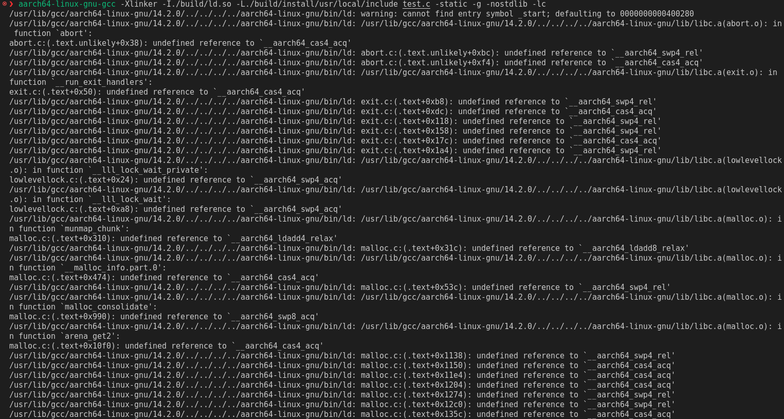 Very similar linker errors to before, except for now they all relate to atomics such as `__aarch64_swp4_rel` and `__aarch64_cas4_acq`