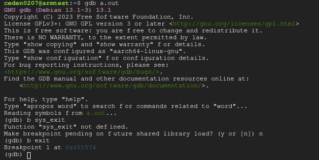 GDB output containing the output: Function "sys_exit" not defined, after attempting to run `b sys_exit`