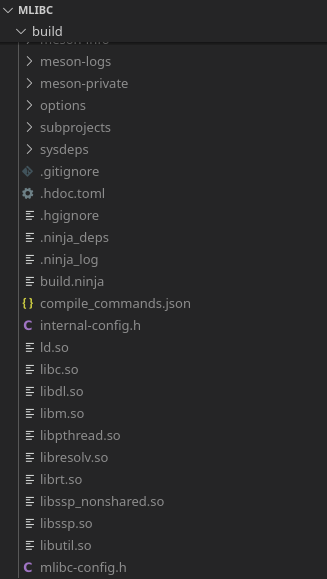 File explorer showing the contents of the build directory with meson and ninja files, alongside the produced files including ld.so, libc.so, libdl.so, libm.so, and more