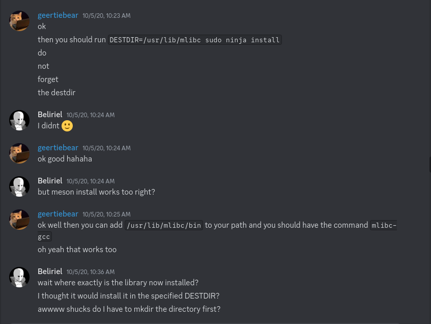 A Discord conversation between @geertiebear and @Beliriel discussing needing to meson install