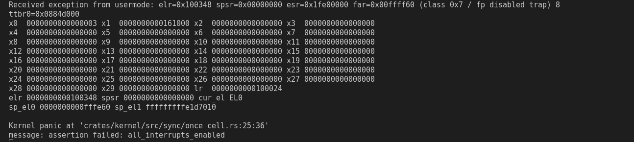 Kernel register dump on fp disabled trap, followed by Kernel panic at 'crates/kernel/src/sync/once_cell.rs:25:36' message: assertion failed: all_interrupts_enabled