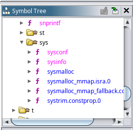 The Ghidra symbol table, showing all of the sys_* symbols, and none look like those used by mlibc