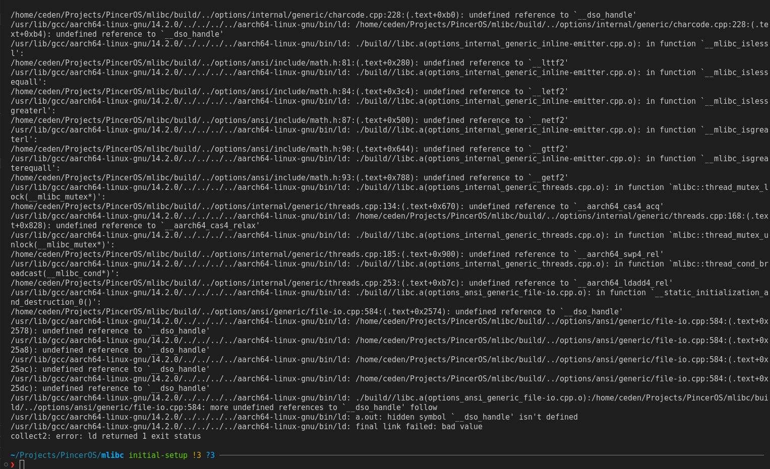 A snippet of the linker error output, showing about a dozen linker errors such as: undefined reference to `__gttf2` and undefined reference to `__aarch64_cas4_acq`