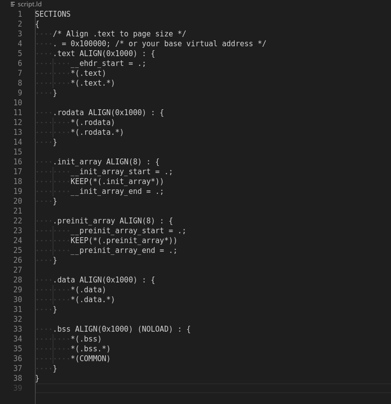The linker script which aligns the text, rodata, data, and bss segments to the page size