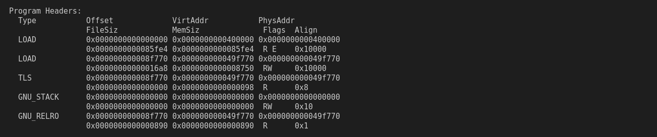 Program Headers listing from readelf; one LOAD segment has the VirtAddr 0x49f770