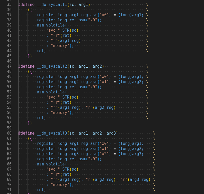 Example macros for syscall to substitute the syscall number in the svc instruction and move the arguments to the proper registers