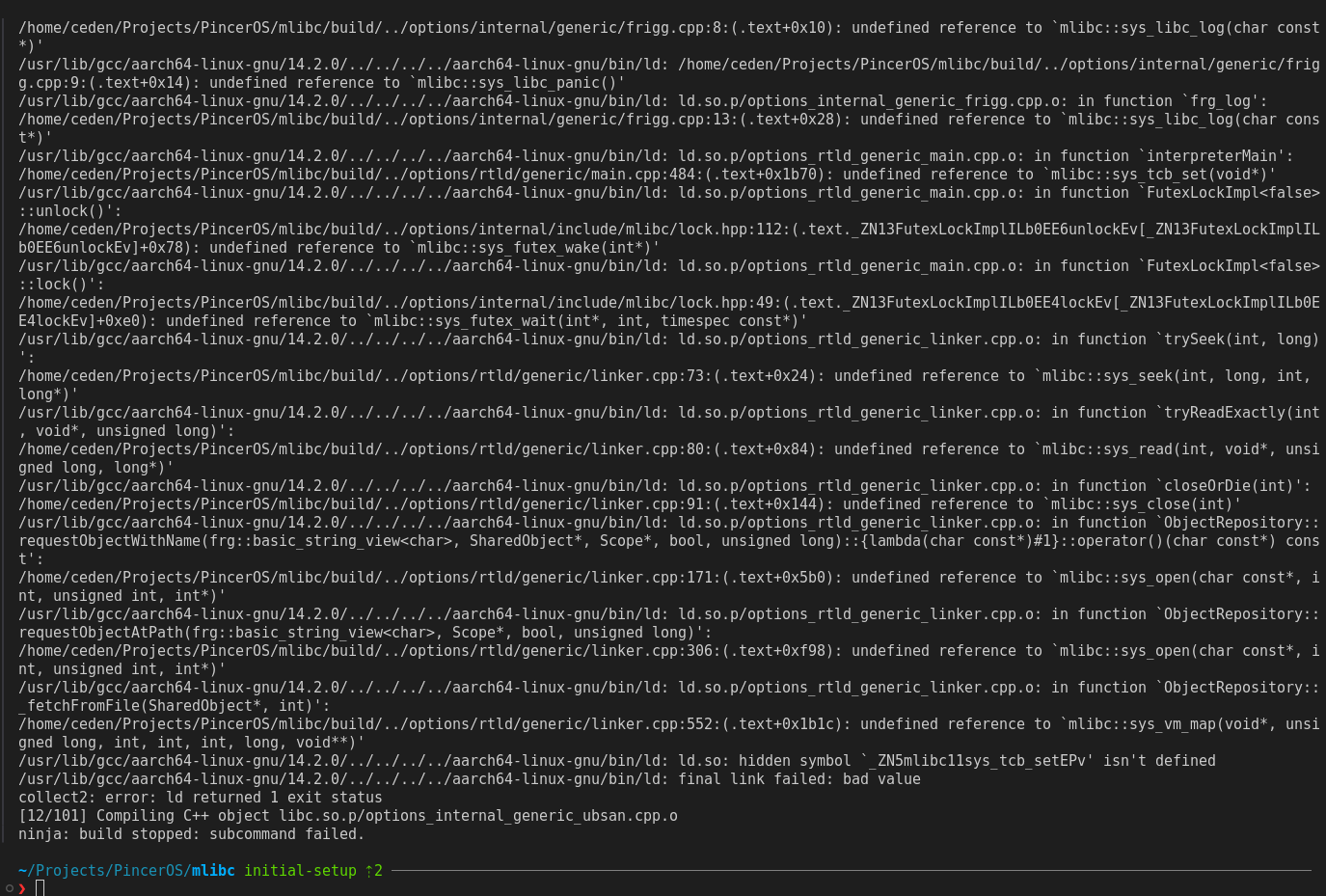 Dozens of errors such as: undefined reference to `mlibc::sys_open(char const*, int, unsigned int, int*)'