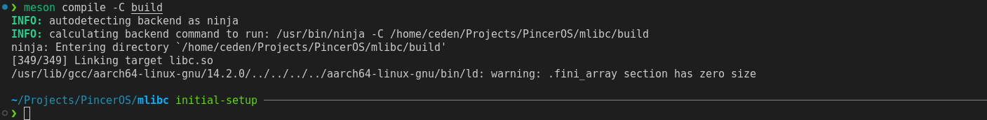A successful build, with no errors, only the 1 .fini_array warning, and a 0 exit code